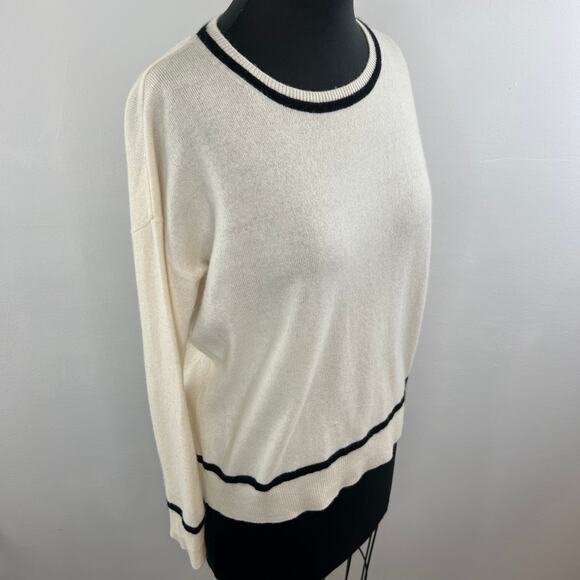 RACHEL ZOE Cashmere Knit Cream Sweater Black Stripe Trim Crew Pullover S Small - Picture 3 of 6